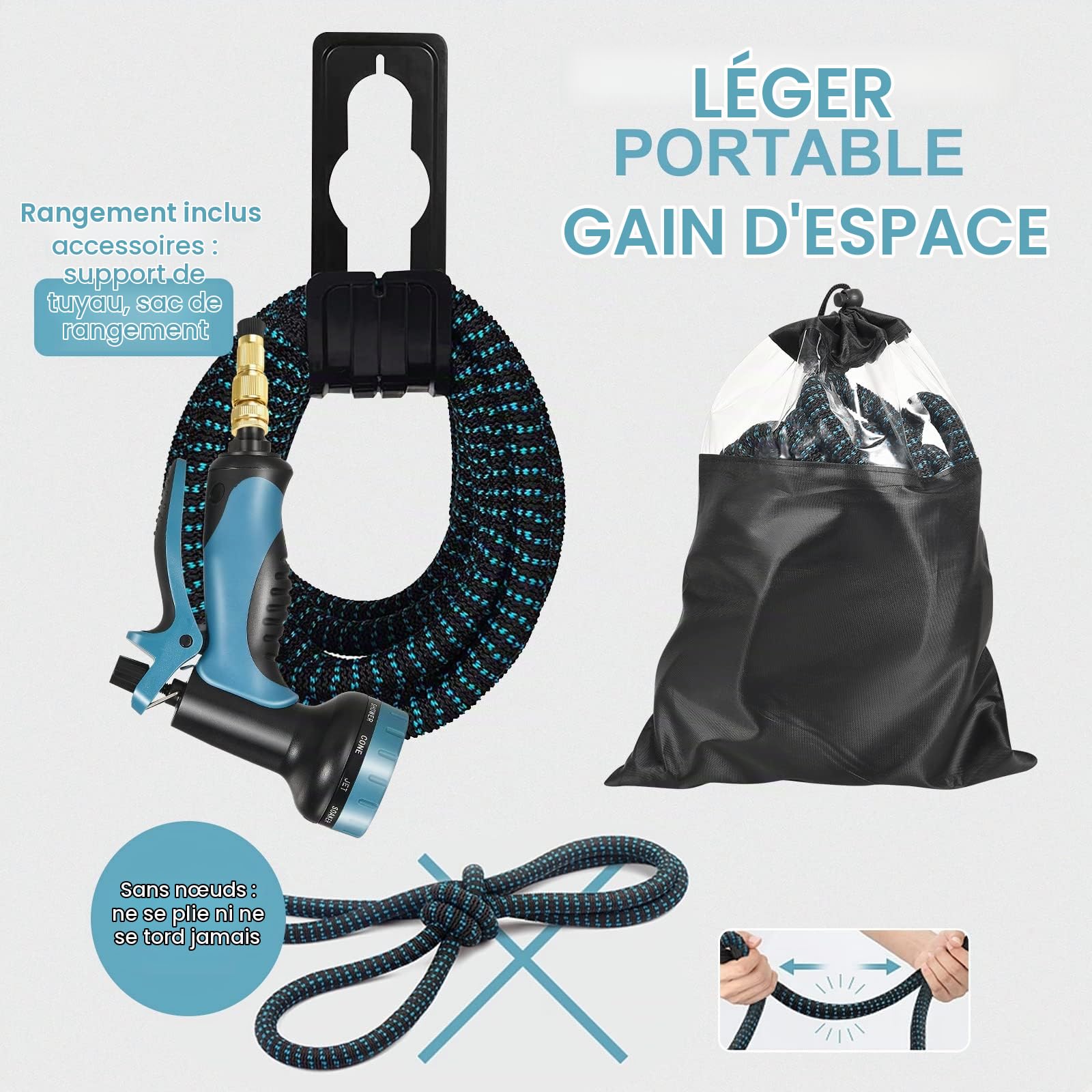 Towwoo Tuyau d'arrosage Extensible Flexible de 45m/150FT, 2500D avec Pistolet Pulvérisateur 10 Fonctions et TPE Joint en Cuivre et Aluminium pour Pulvériser la Pelouse Nettoyer Les Voitures