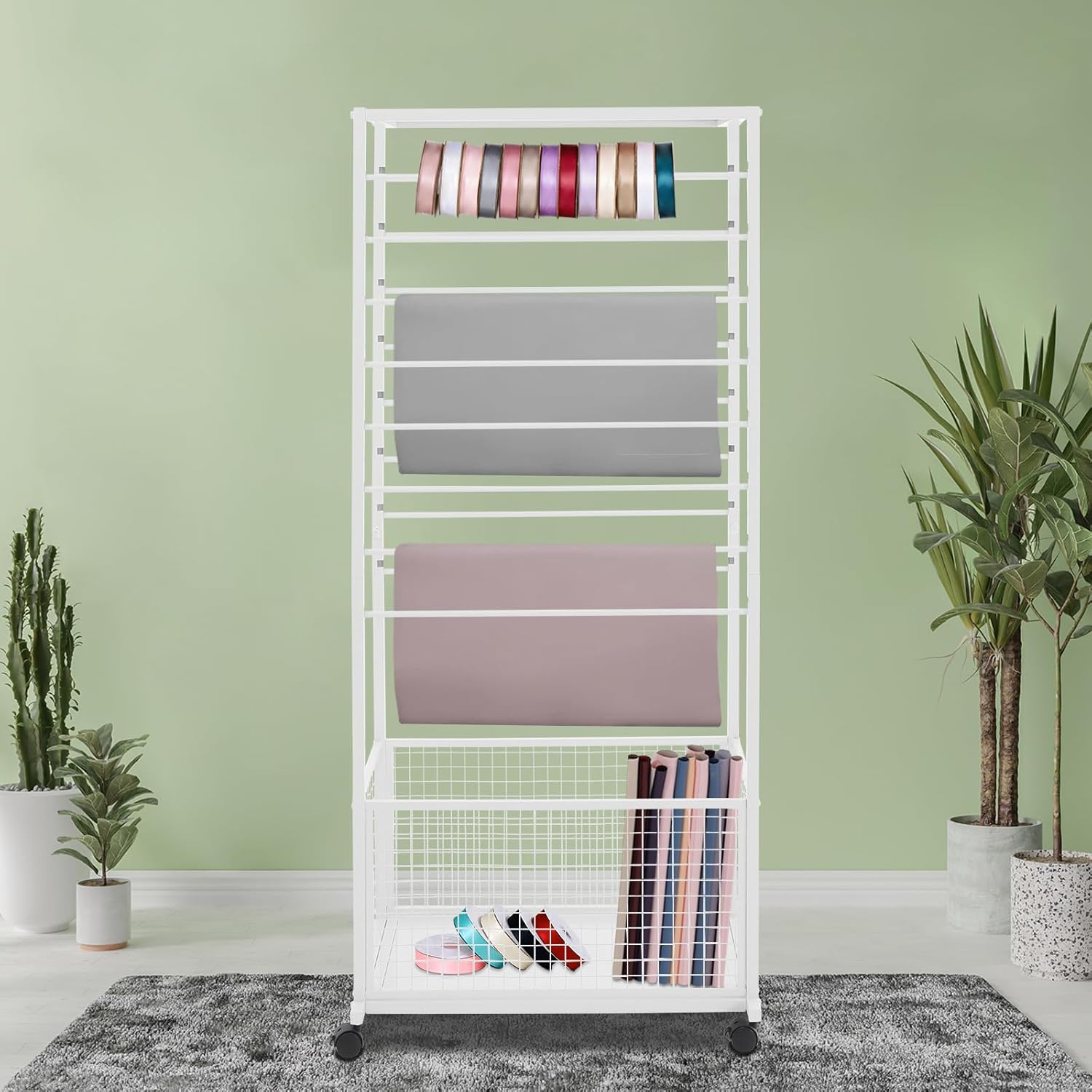 16-Tier Dual -Sided Ribbon Rack, Wrapping Paper Organizer with Top Board Mobile Metal Storage Shelf with adjustable Wheels Display Stand for Flower Shops Craft Rooms Fabric Shops (White)