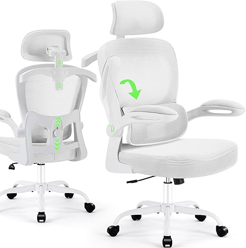 Silla de Oficina Ergonómica con Soporte Lumbar Ajustable y Gancho para Reposacabezas, Silla de Malla Transpirable de Respaldo Alto con Ruedas, Silla