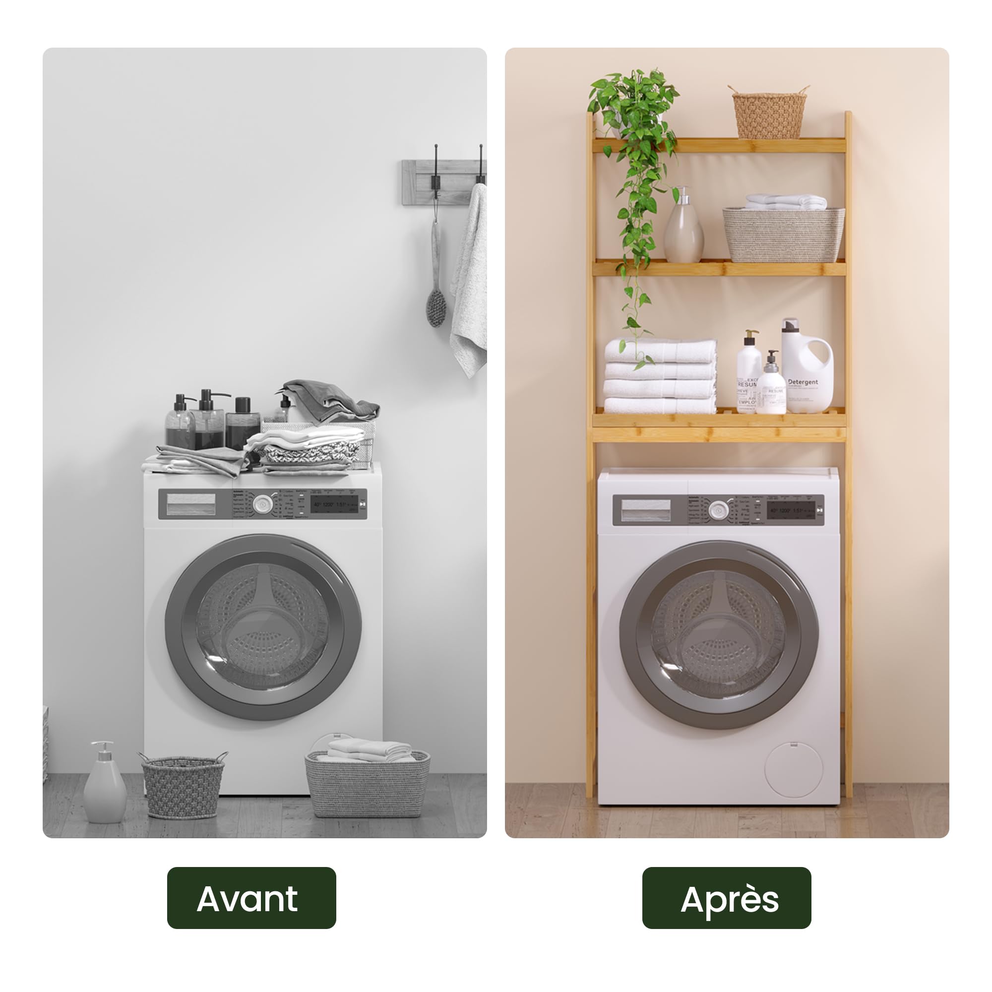 EUGAD Étagère Salle de Bain en Bambou à 3 Niveaux, Meuble au-Dessus Machine à Laver, pour Salle de Bain, Buanderie, 63,5x26x163 cm, en Couleur de Bambou Naturel