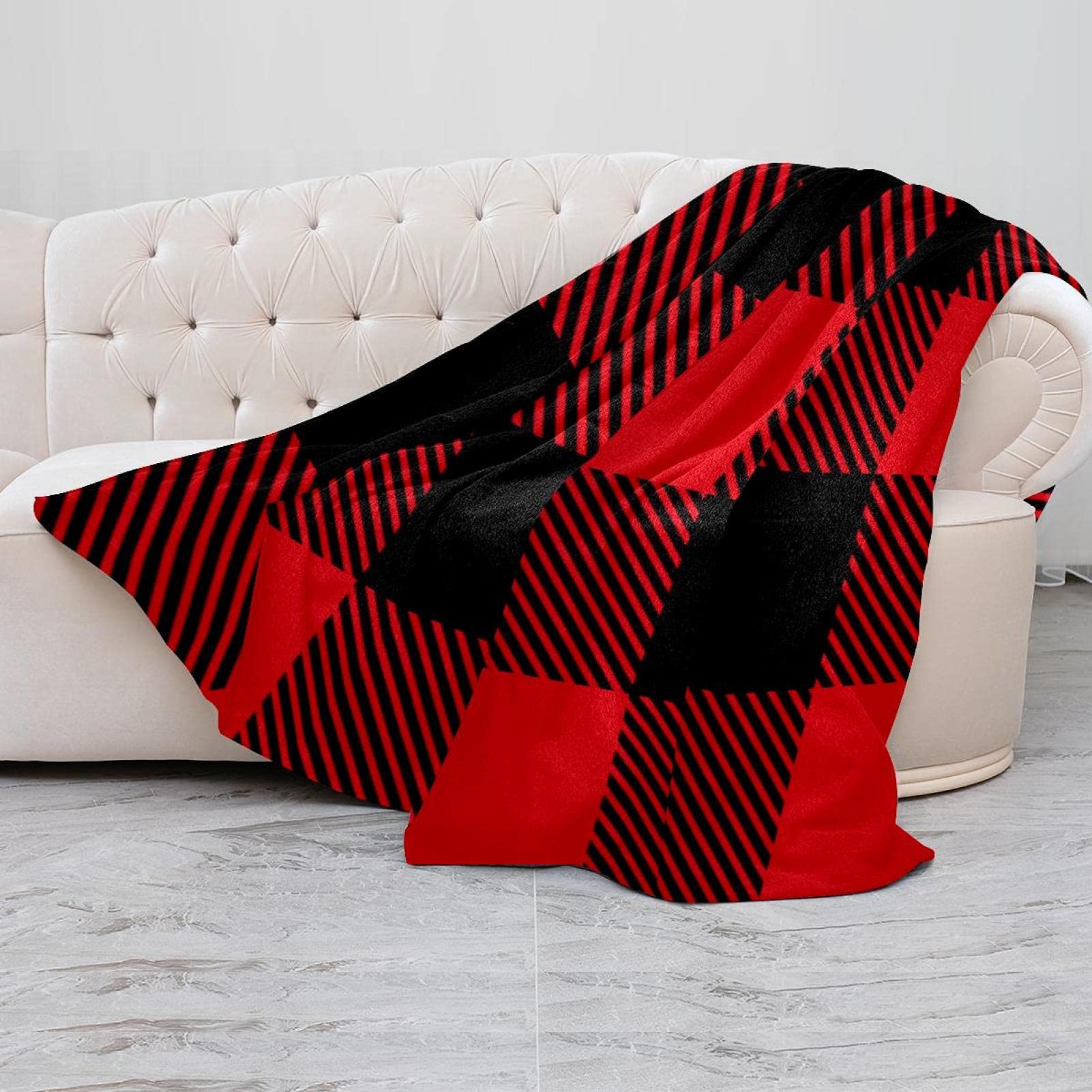 Manta de forro polar, súper suave, lujosa, a cuadros, color rojo y negro