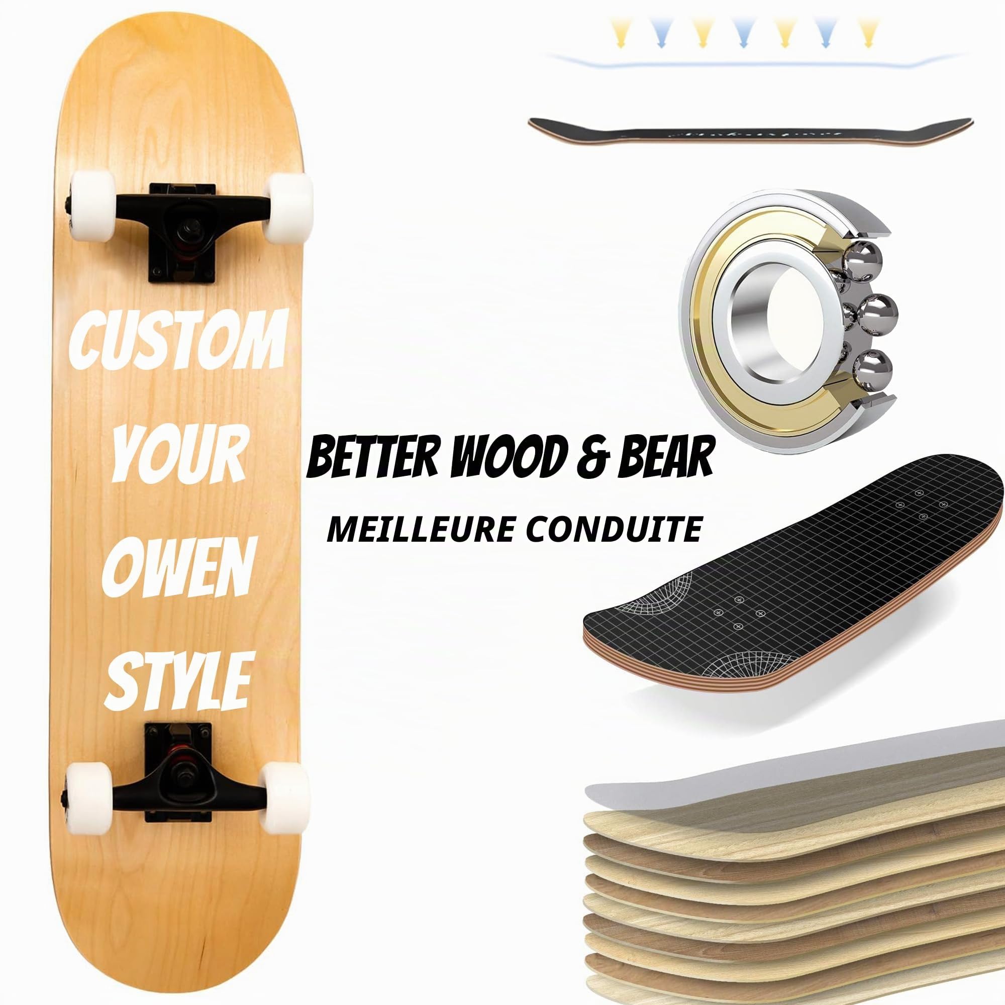 Skateboard Personnalisé 31x8 Pouces, Planche de Skate Complète en pour Débutants et Professionnels, Planche Personnalisable avec Photo/Texte