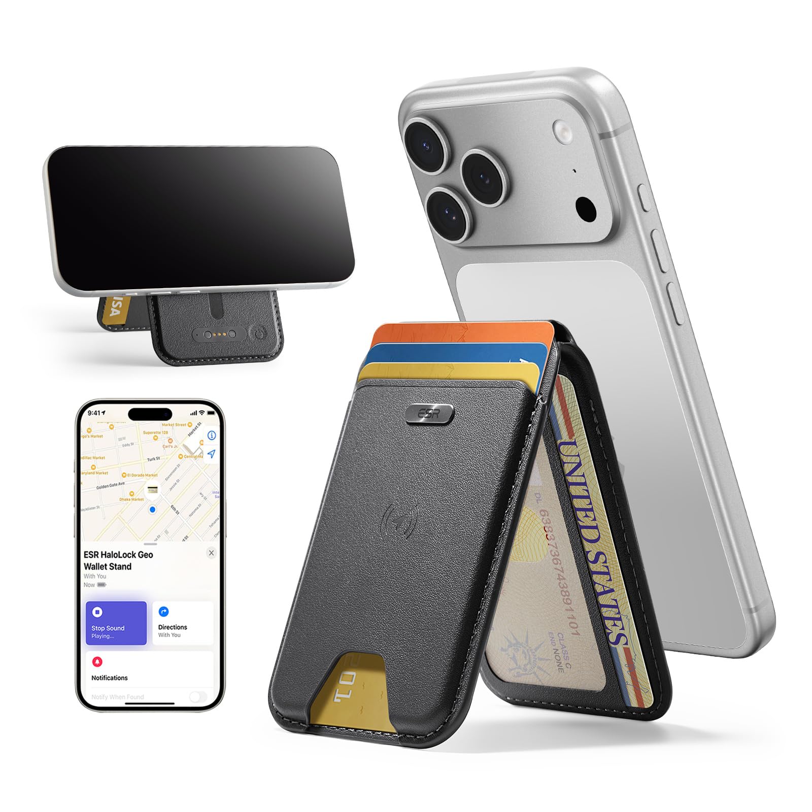 ESR Geo Porte Carte pour MagSafe, Compatible avec Localiser, Porte-Cartes Magnétique pour 5 Cartes, Blocage RFID, Support Ajustable, Wallet pour iPhone 17e/17/16/15/14/13/12 séries, Non Mini, Noir