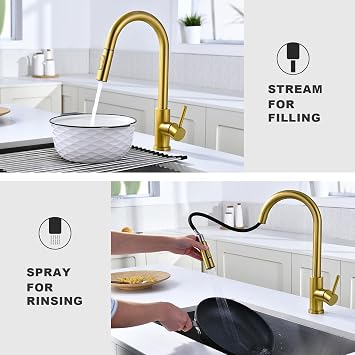 Tohlar Gold Kitchen Faucets with Pull-Down Sprayer, Modern Kitchen Sink Faucet Stainless Steel Single Handle Kitchen Faucet with Deck Plate, Brushed Gold