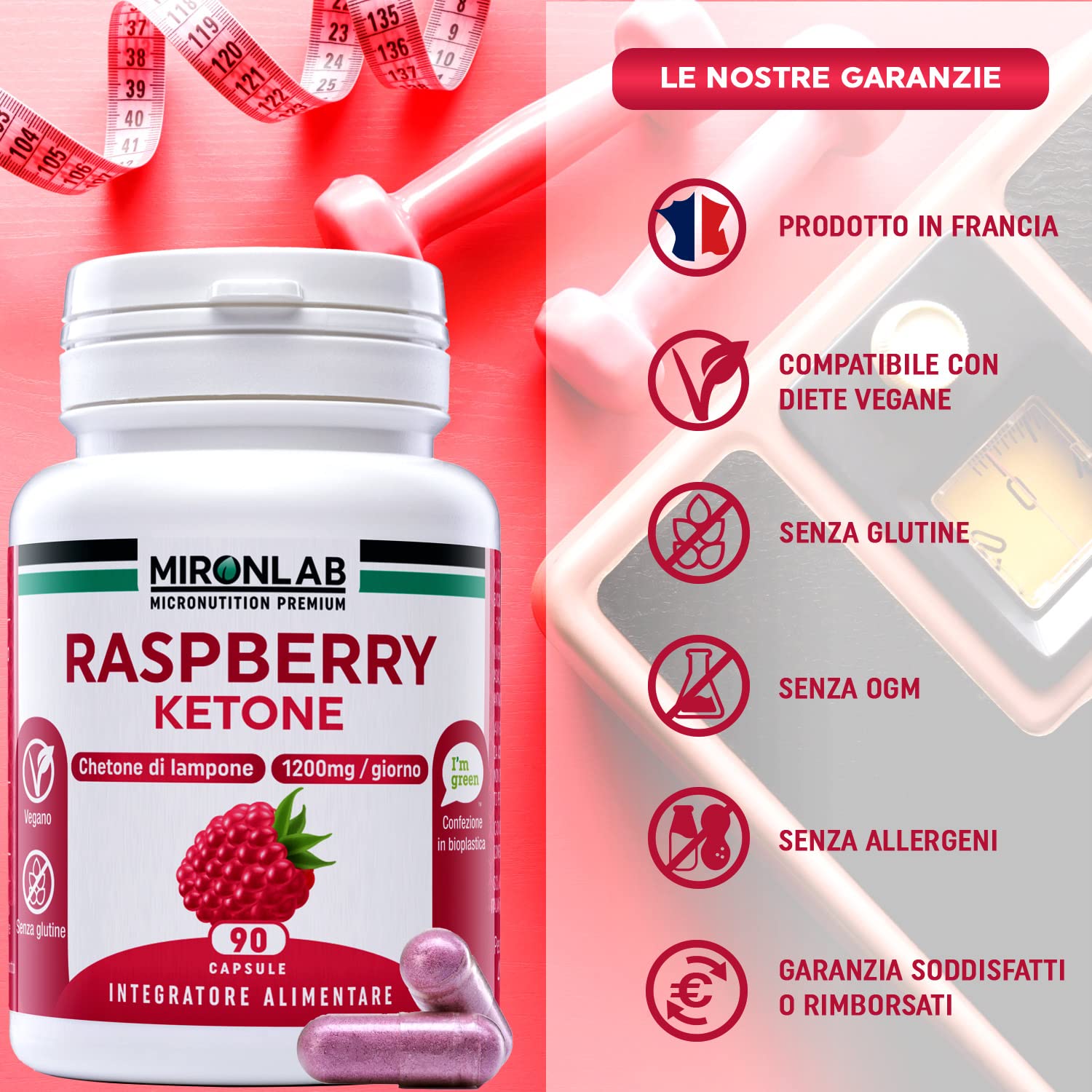 Raspberry Ketone Pure - Chetoni esogeni di lampone - Alto dosaggio : 1200mg Testato - Ideale per la gestione del peso - Maggiore efficienza con la fibra di acacia - 90 capsule - MIRONLAB