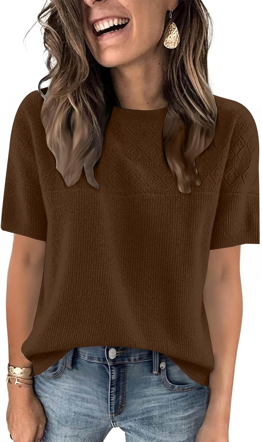 Womens Short Sleeve Sweaters 2026 Trendy Casual Lightweight Crew Neck Knit Tops Spring Summer Work Blouses Clothes