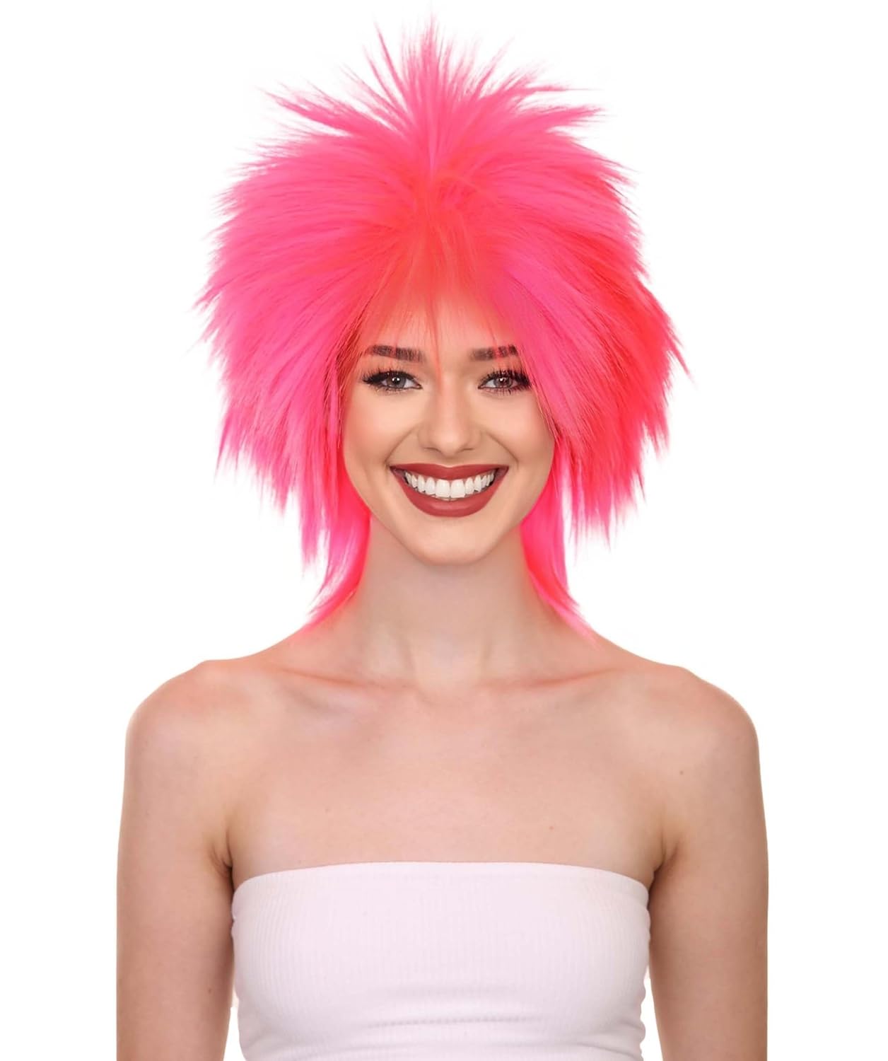 Halloween Party Online Women's Funky Punk Neon Pink Wig for Adults | Breathable Capless Cap | Flame‑Retardant Synthetic Fiber | Halloween Cosplay or 80s Costume Wigs