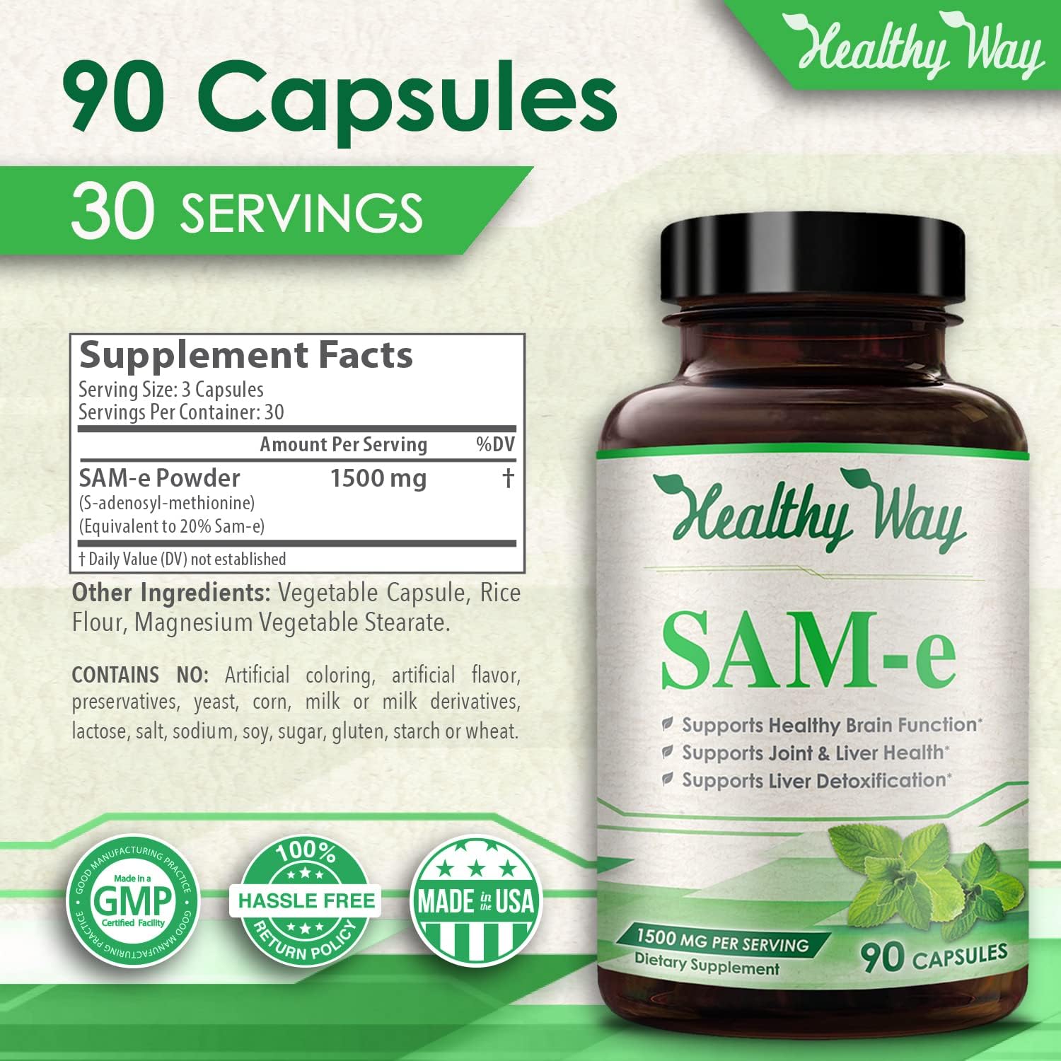 Healthy Way SAM-e - S-Adenosyl Methionine 1500mg 90 Capsules USA Made