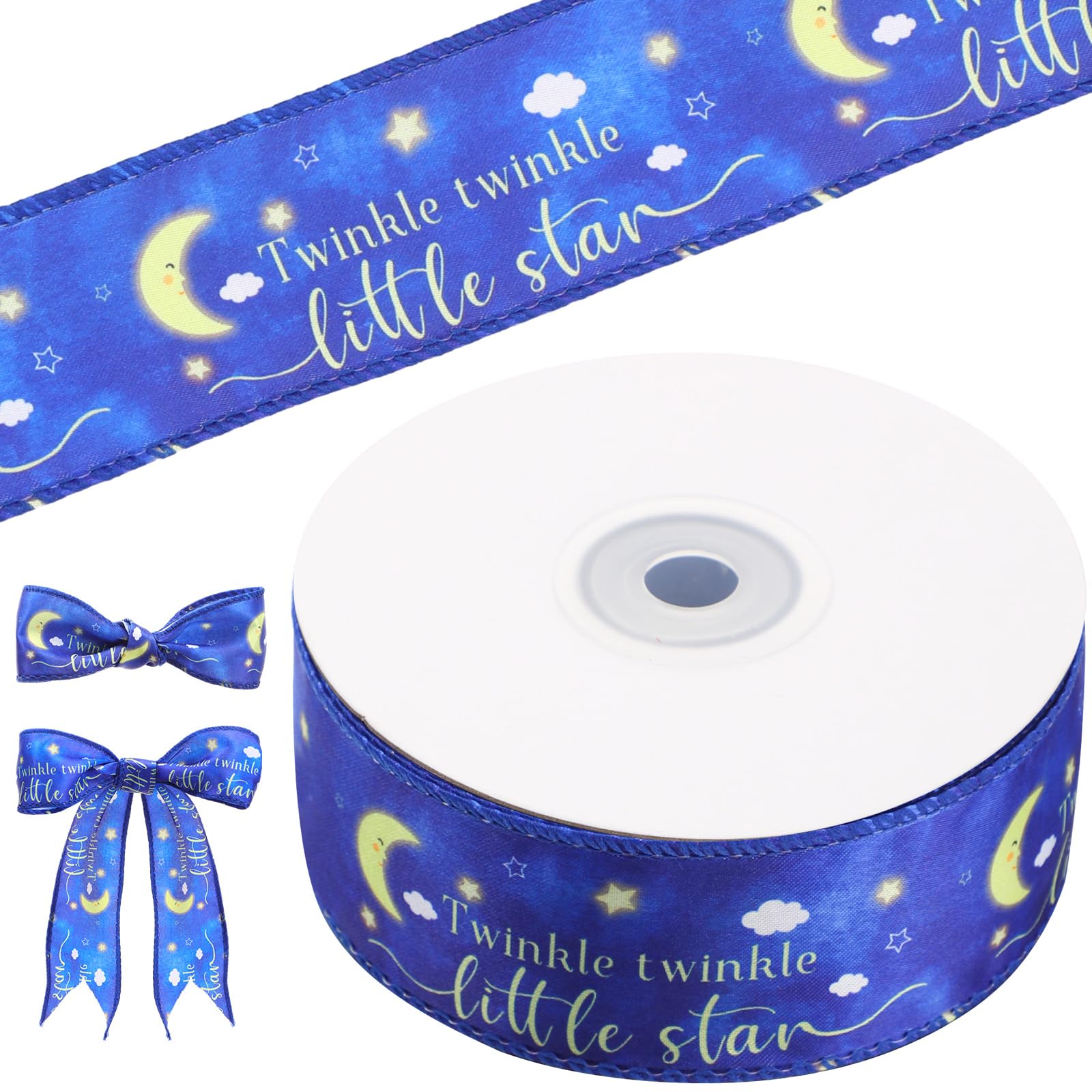 Hotop 1.5'' 10 Yards Twinkle Twinkle Little Star Baby Shower Ribbon Moon and Star Baby Shower Decorations Gold and Blue Satin Ribbon for Wreath Crafts