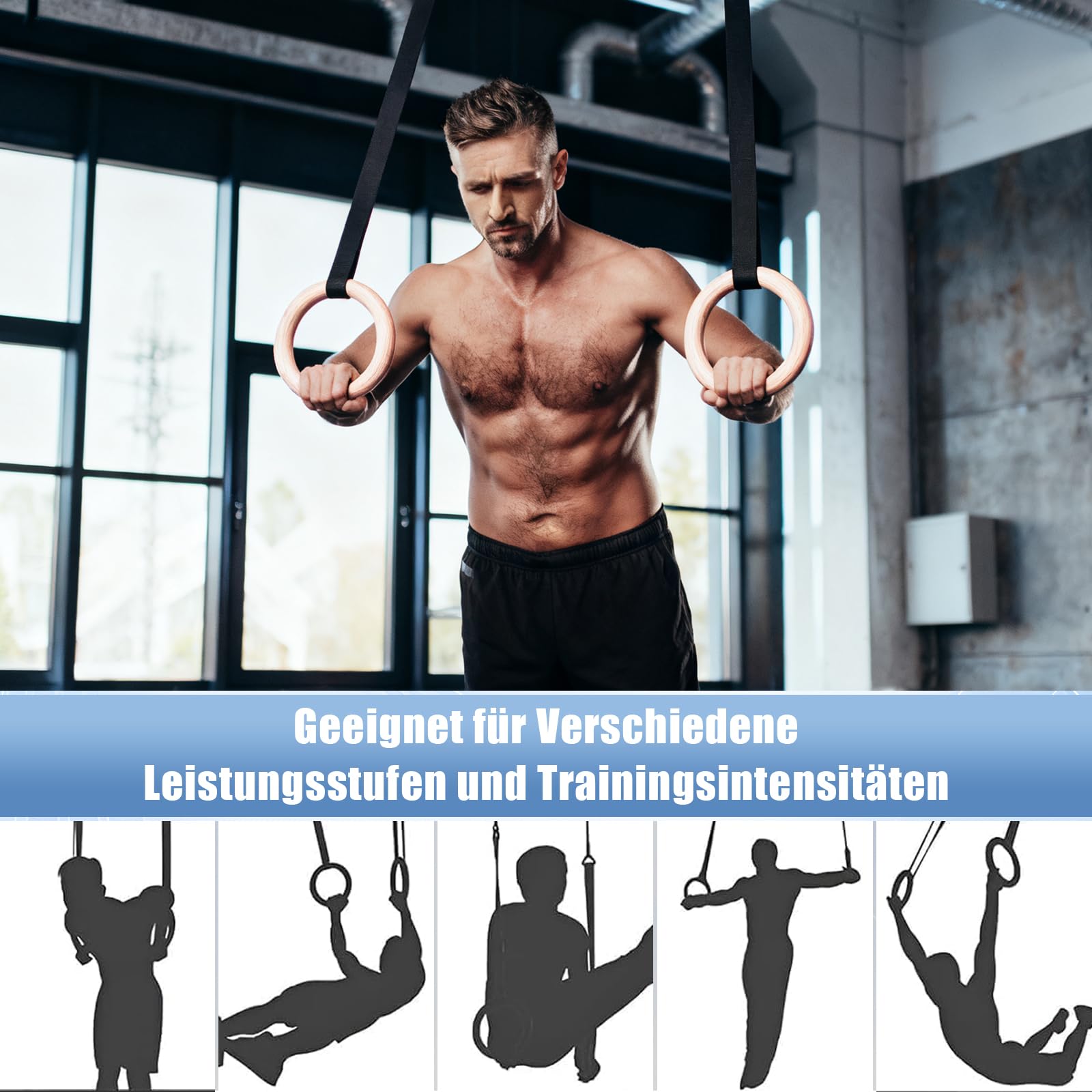Anelli Ginnastica e Palestra in Legno, Fitness Anelli Palestra con Regolabili Lunghi Fibbie Cinghie, Anelli Calisthenics per Suspension Training, Training Muscolare, Crossfit, Fitness, Aerobica