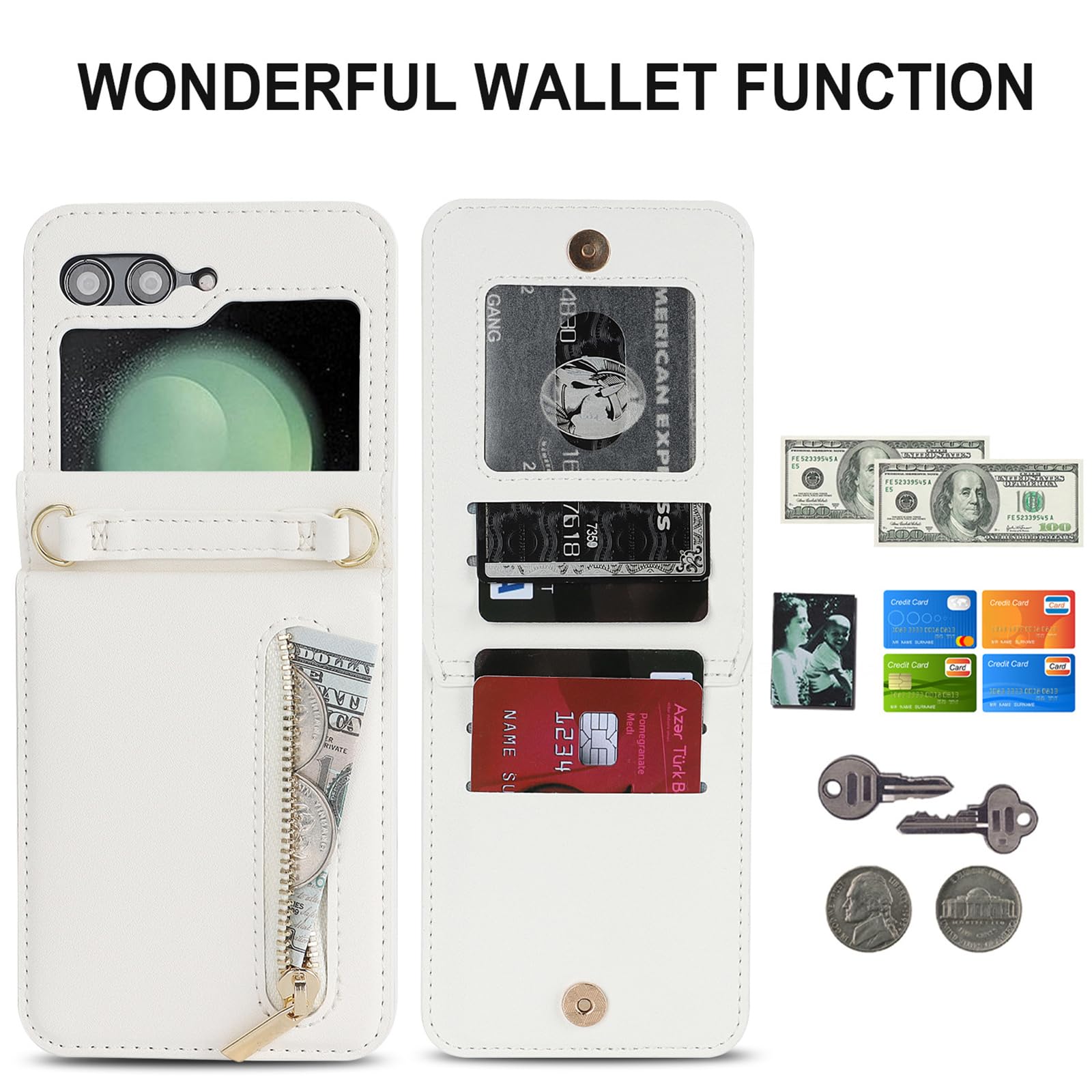 Skórzane etui do Samsung Galaxy Z Flip 6, crossbody w górę i w dół etui z klapką na zamek błyskawiczny etui na telefon z przegródką na karty, podpórka, odporne na wstrząsy, białe