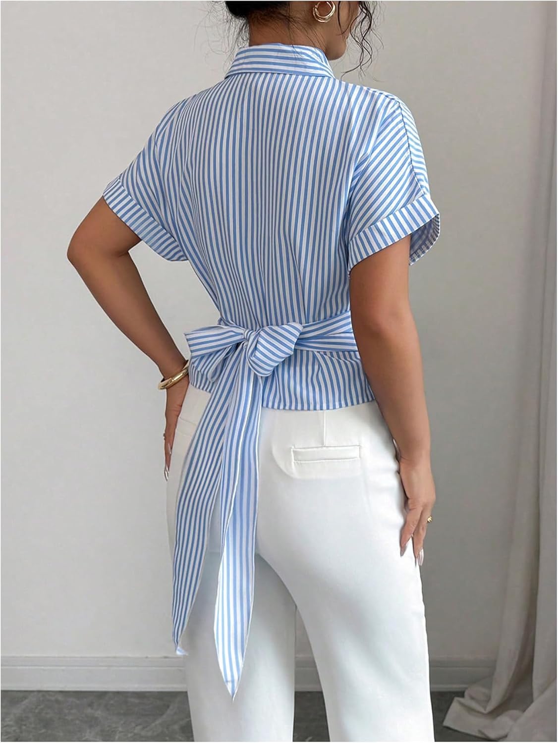 SweatyRocks Women's Short Sleeve Button Down Collared Blouse Striped Wrap Tie Asymmetrical Top - Image 3