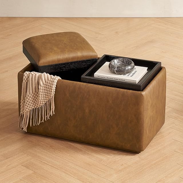 mopio Levi Storage Bench with Reversible Tray Modern Storage Coffee Table Bedroom Bench Rectangular Cube Upholstered Coffee Table