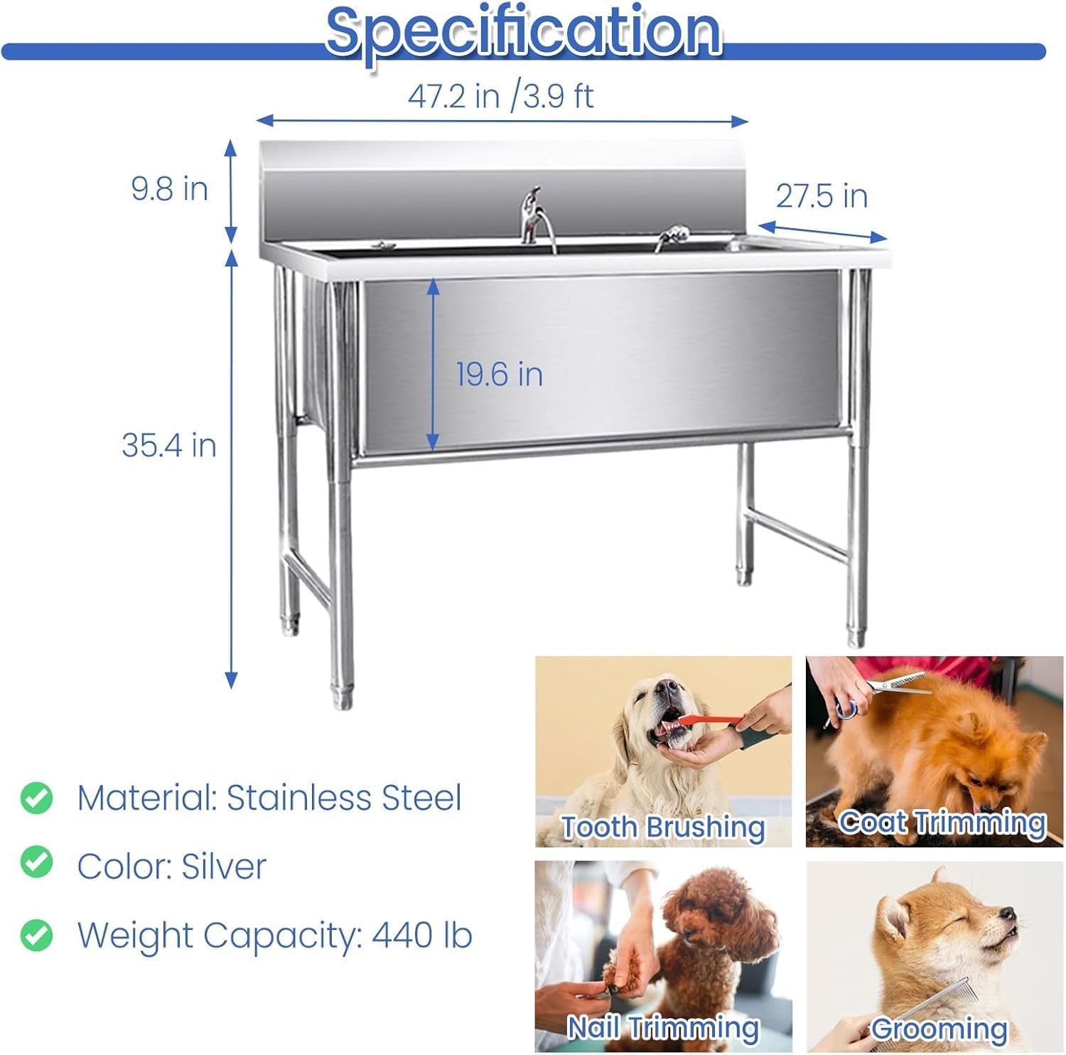 BABYCE Pet Grooming Tub Dog Bathtub Stainless Steel for Coat Trimming, Dog Wash Station for Home Large Dogs, Heavy Duty Doggy Bath Tub Mat Non Slip for Home/Outdoor(Depth 19.6 in)