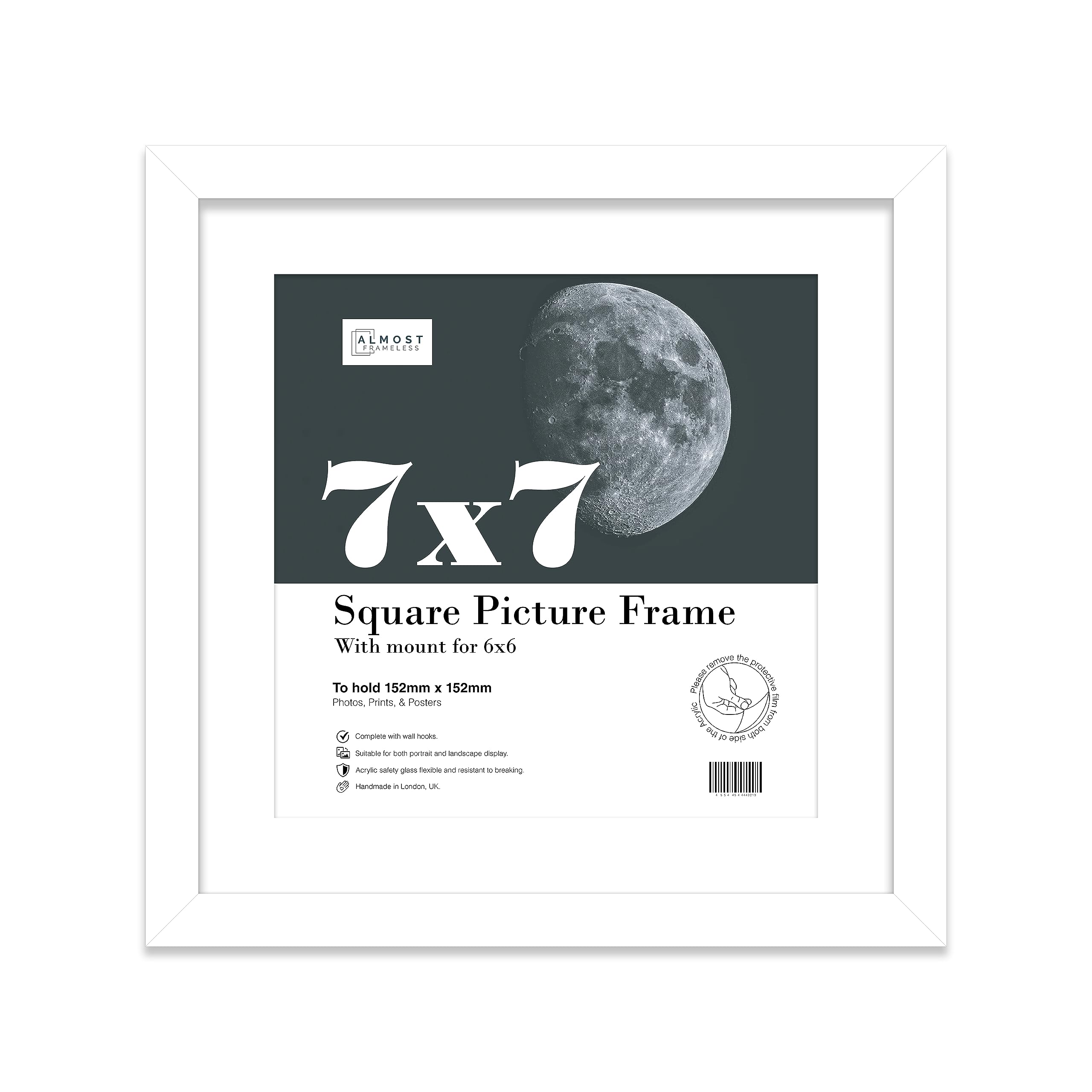 Almost Frameless 7x7 Picture Frame, Display Pictures 6x6 With Mat or 7x7 Without Mat, Wall Hanging & Free Standing Photo Frame, White, 1 Pack