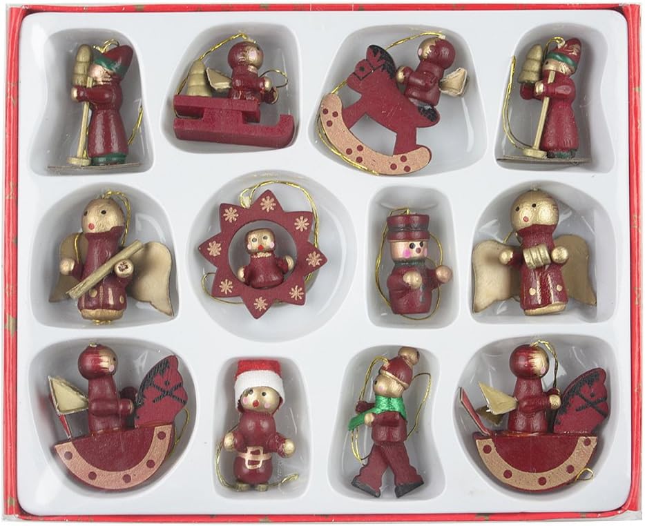 eBuyGB Rocking Horse/Drum Toys/Angel Traditional Christmas Tree Decorations Set, Wood, Red, Pack of 12
