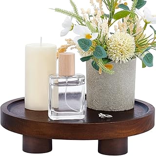GLASSWINDS 9.5" Round Acacia Wood Tray Decor Rustic Pedestal Stand for Display Wooden Risers Stands for Kitchen Home Bedroom Decorative Tray Waterproof Organizer for Perfume Plant Soap Stand