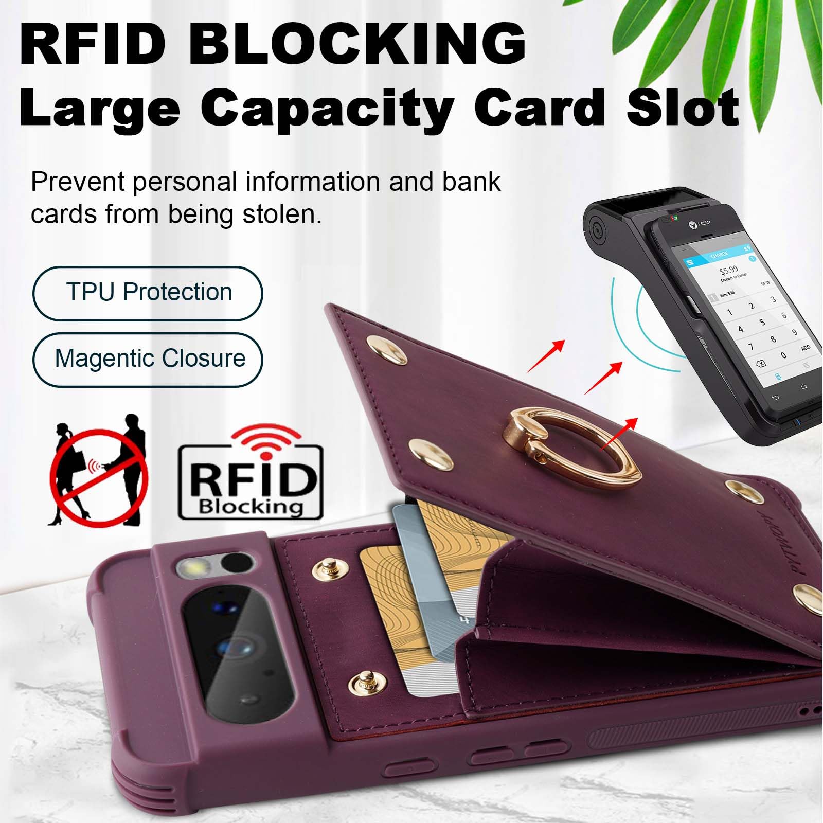 PYTWOPY Google Pixel 8 Pro 5G Wallet Case with Credit Card Holder,Leather Shockproof Protective Phone Cover Supports 360°Rotation Ring Stand and RFID Blocking for Pixel 8 Pro 5G 6.7 inch,Dark Purple