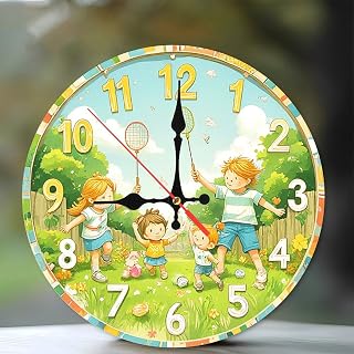 Kids Cartoon Wall Clock Children Playing Badminton 10-Inch Wooden Wall Clock, Silent Movement, Battery Operated (AA Batteries Not Included), Artistic Home Decor, Perfect for Home Accents