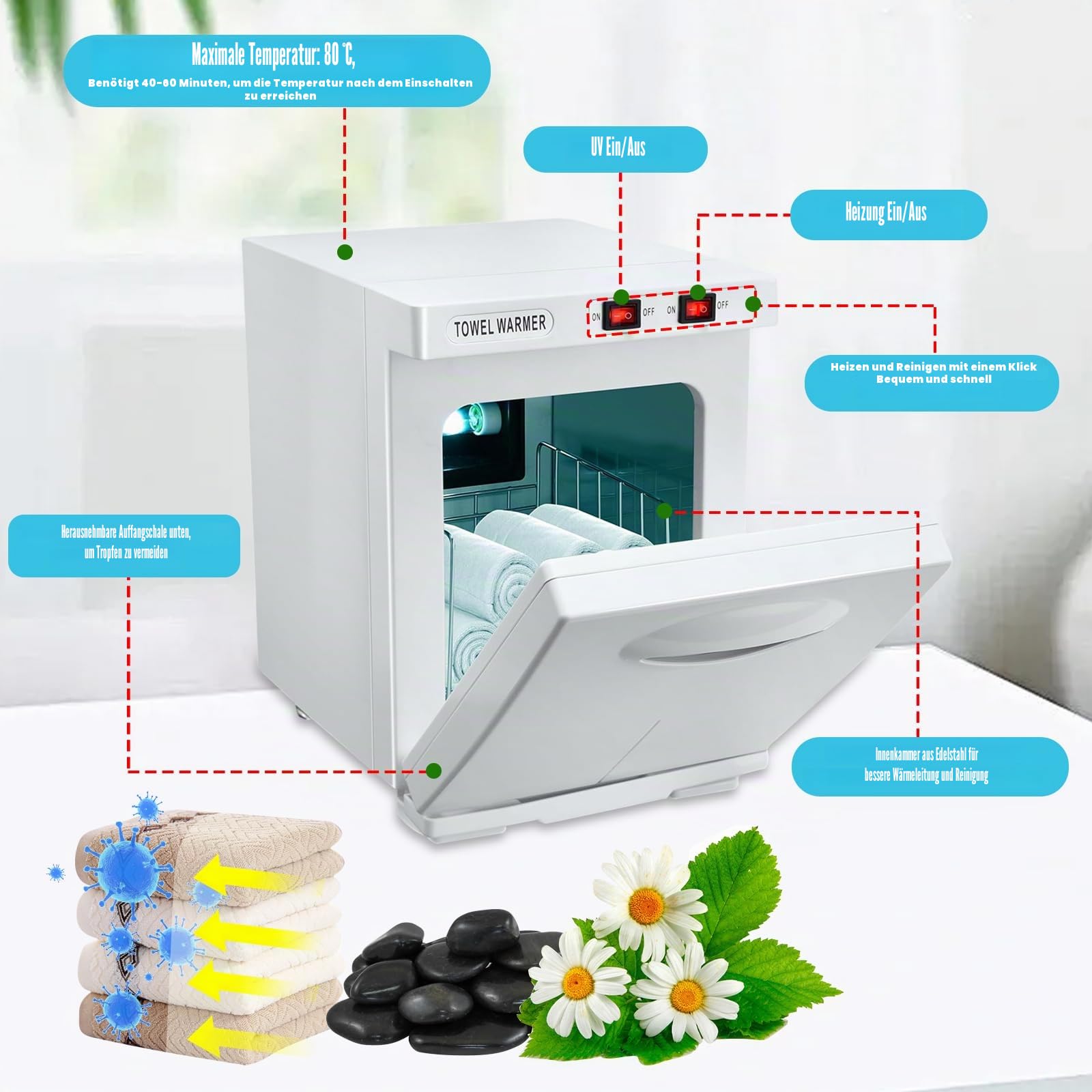 Eznaobo Handtuchwärmer, 5 l, Sterilisator, 176 °C, UV-Sterilisator, 360 ° Heizfunktion, warmer Handtuchschrank für Schönheit, Wohnzimmer, Spa, Maniküre (weiß)