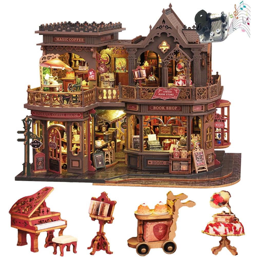 Miniaturowy zestaw do domku dla lalek z drewna, konstrukcja 3D, zestaw do domku dla lalek "zrób to sam" z oświetleniem LED i muzyką, model europejskiej willi w stylu vintage (bez osłony przeciwpyłowej