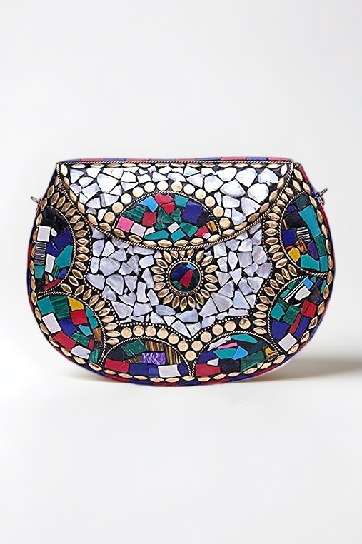 Shakuntala Vintage Clutch - Metal Mosaic Stone & Shell Design Purse - Handmade Women's Handbag