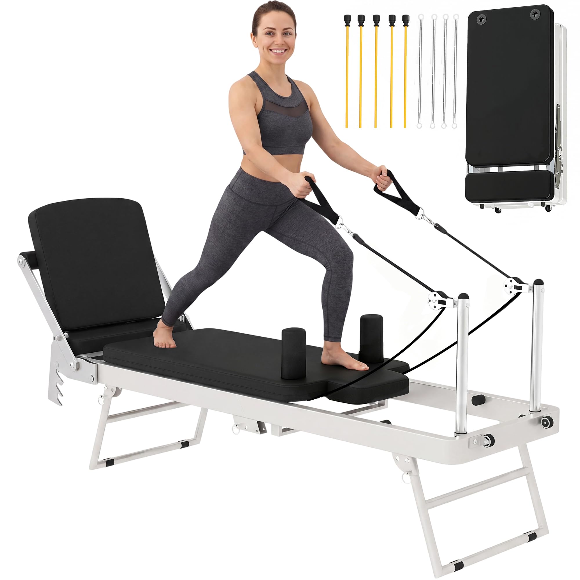 SPORTNOW Reformer Pilates per Casa Pieghevole con Resistenza Regolabile, Macchina Pilates Reformer con Barra Poggiapiedi e Sistema Pulegge Regolabile, Molle, Allenamento Palestra Casa Principianti