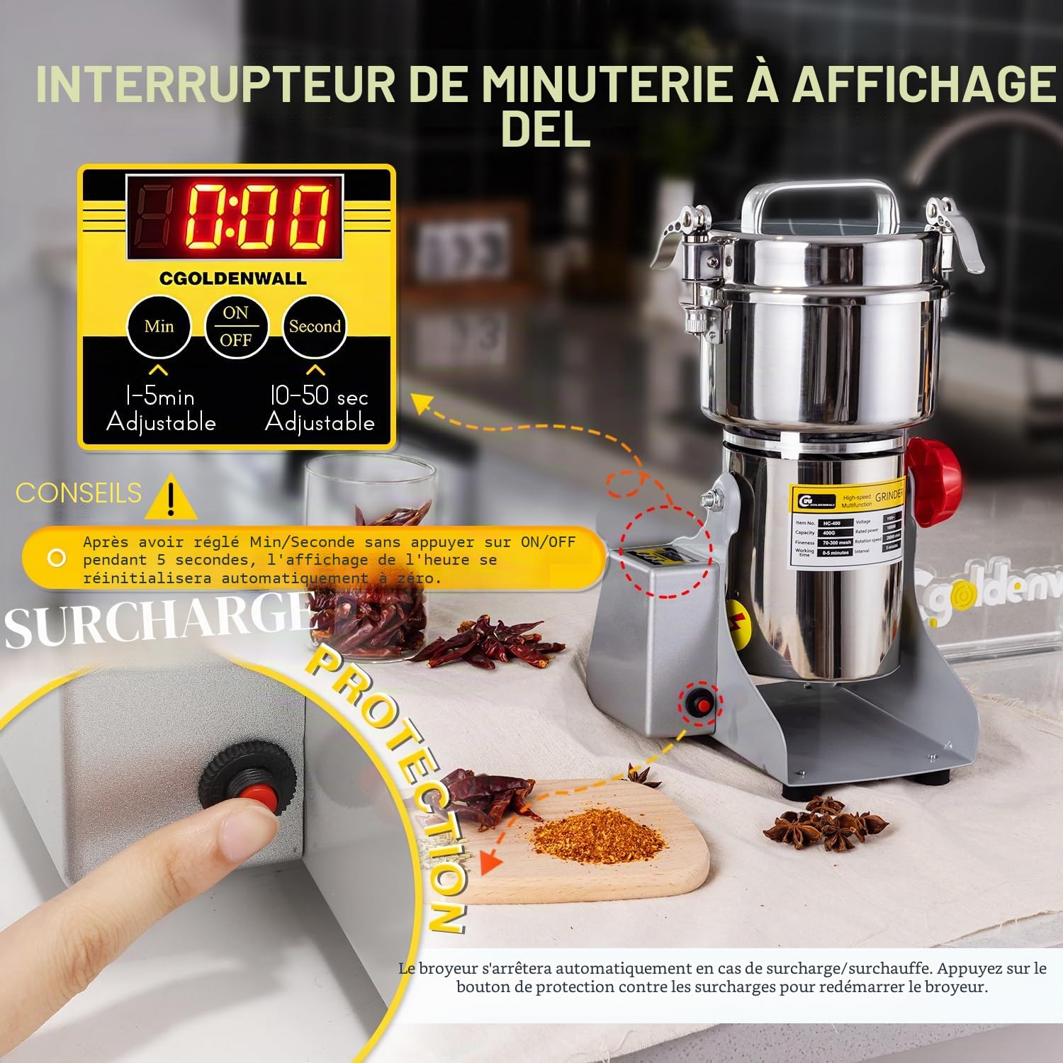 CGOLDENWALL LED Affichage Moulin à Épices Électrique 800g Broyeur à Sèches Grains Herbe Céréales Café, Haute Vitesse 28000RPM/ 2400W Moteur avec Minuterie, Contre Surcharges(Swing Type)