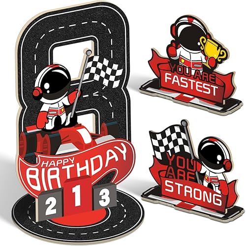 Miniatura 23 de 3 piezas de centro de mesa de madera escalonada de madera para auto de carreras de 2º cumpleaños, decoración del hogar (doble cara)