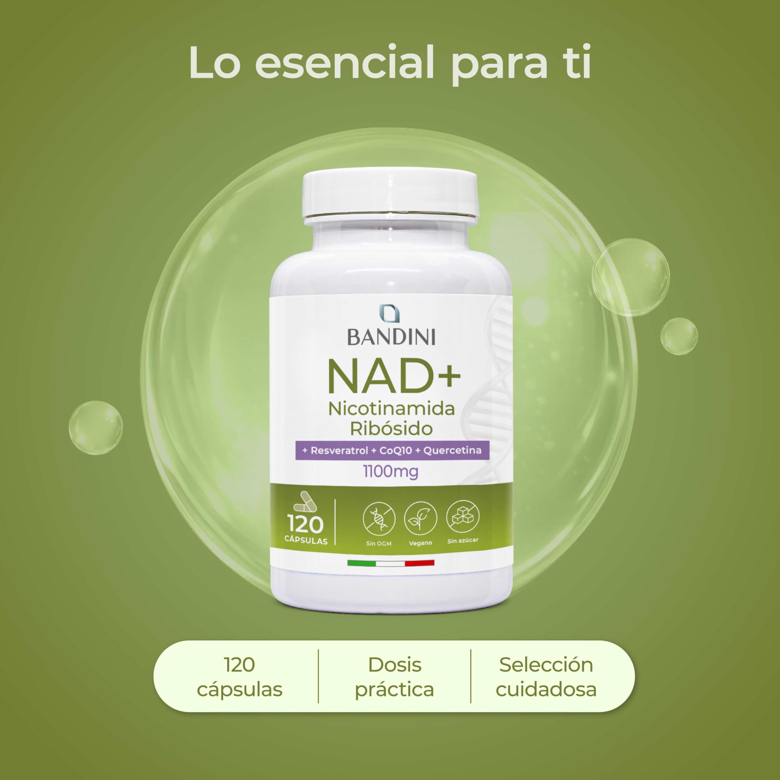 Bandini® NAD+ Liposomal 1100 mg | 120 Cápsulas Veganas | Con Cloruro de Ribósido de Nicotinamida, Quercetina, Resveratrol, Coenzima Q10 | Antienvejecimiento, Energía Celular, Sin OMG