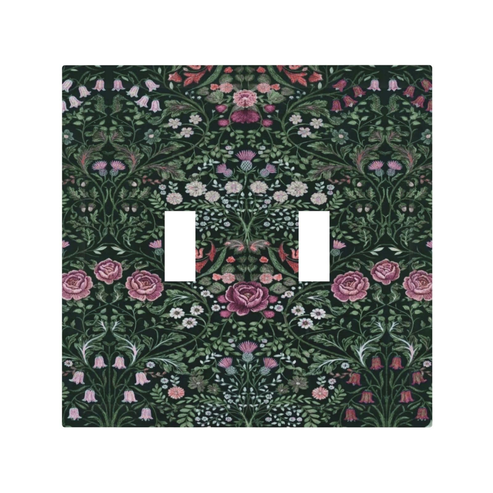William Boho Floral Moris Flower Leaf Decorative 2 Gang Double Toggle Outlet Light Switch Cover, Two Gang Toggle Wall Plate Electrical Faceplate Dual Device Switchplate