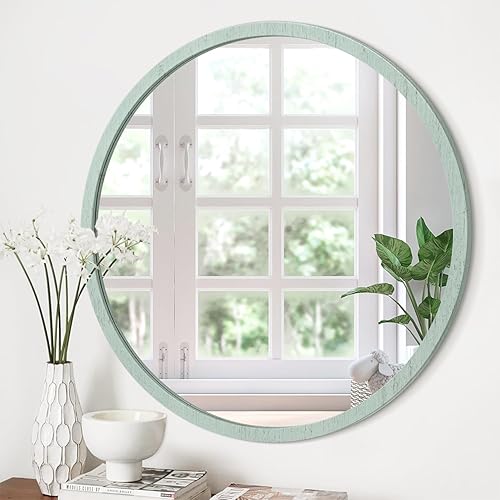 Miniatura 158 de JJUUYOU Espejo circular de pared redondo para baño, espejo de tocador gris, pequeño círculo decorativo para pared, marco de madera, espejo