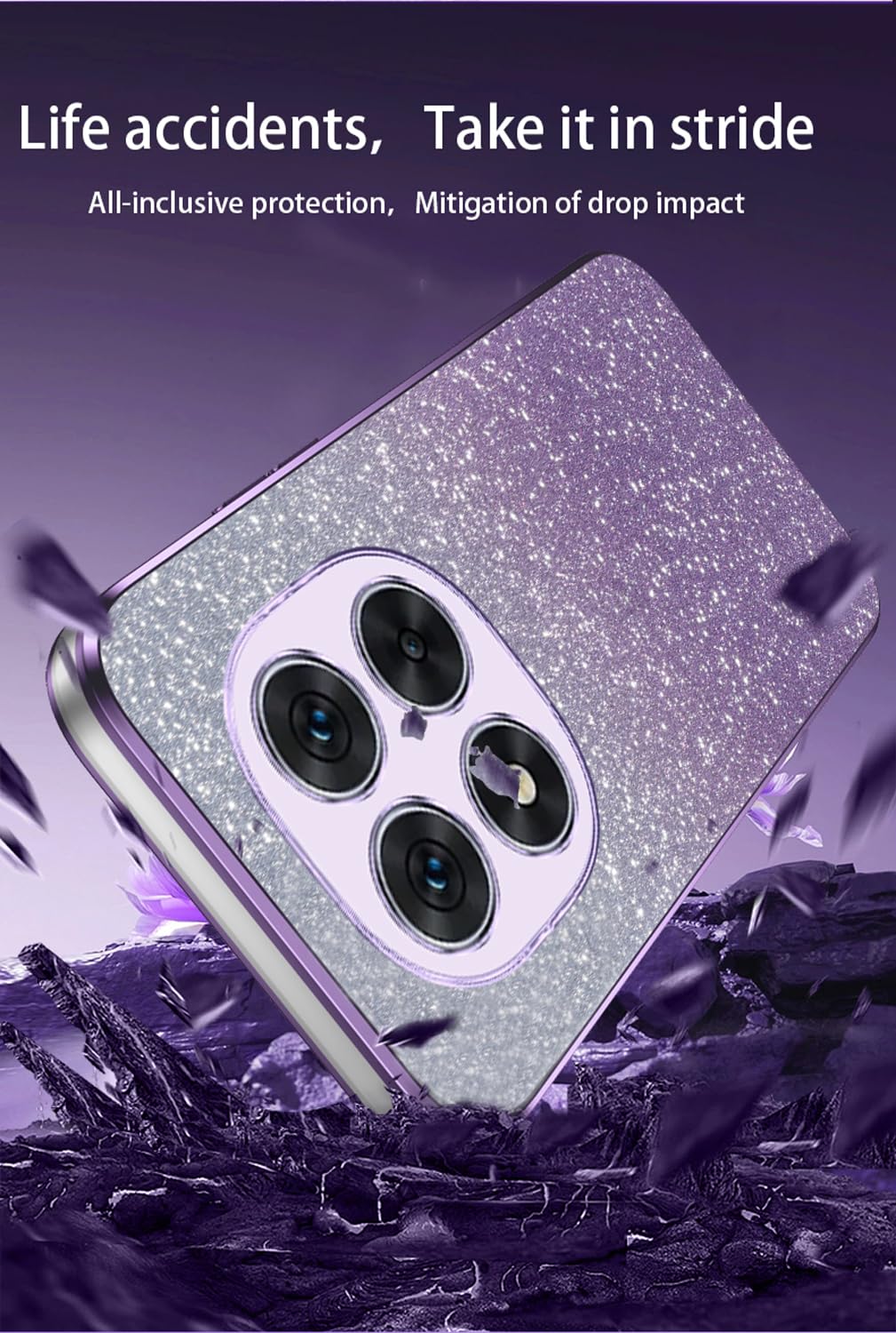 Handyhülle Für Xiaomi Redmi Note 14 Pro+ 5G - Transparente TPU Hülle Mit Glitzerblatt & Galvanisiertem Rahmen, Lila