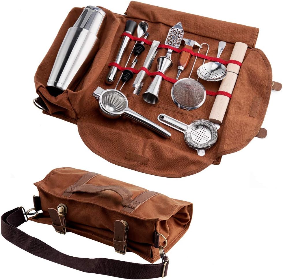 Finneshoky Cocktail Tool Set Bartender Kit Portable Tote Bag ，14 Piece Bar Tool Set Fully Padded ，Easy to Carry to The Picnic and Travel