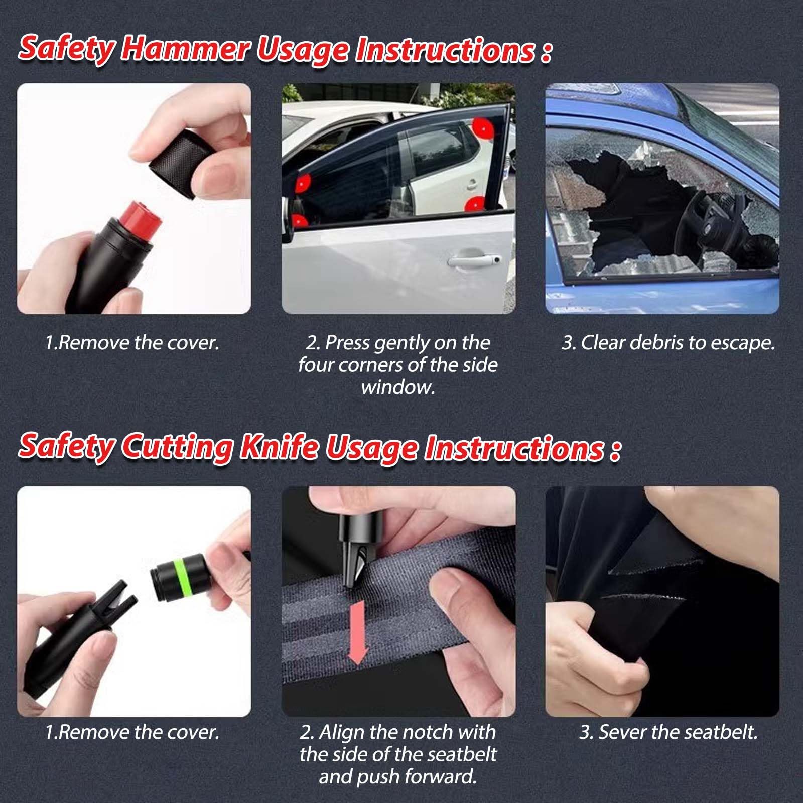 2 Piezas 2 en 1 Rompe Cristales y Cinturones, Martillo Rompe Cristales Coche | Martillo Rescue con Anillo Luminoso, Corta Cinturones Rompe Cristales, Accessories para Emergencia Coche