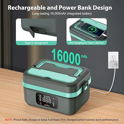 Miniatura 3 de EDCERATY - Fiambrera eléctrica para adultos, calentador de alimentos autocalentable recargable de 60 W con recipiente de acero inoxidable de 1