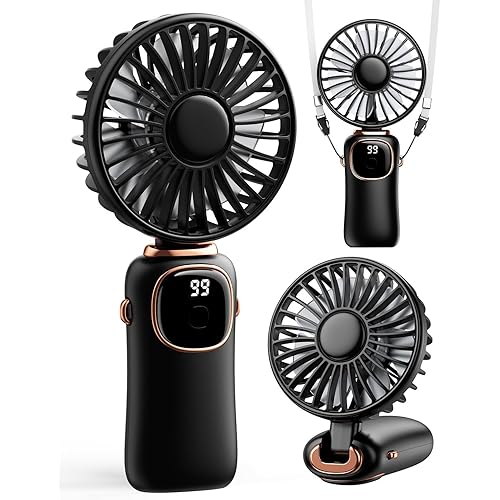 Portable Handheld Fan, 4000mAh Battery Operated 3 in 1 Multifunction Personal Travel Fan with Digital Display, 90° Foldable Desk Fan with Base, 5 Speed Lash Fan for Makeup/Office (Black)