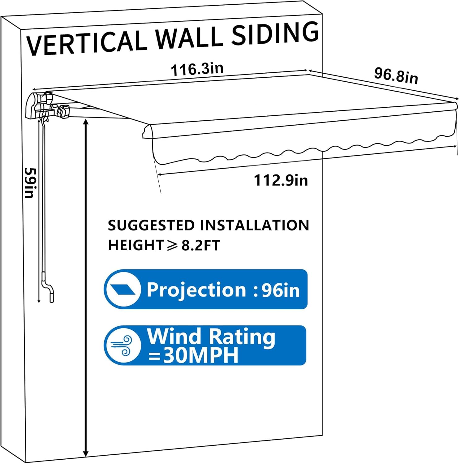 Diagram showing awning dimensions and suggested installation height.