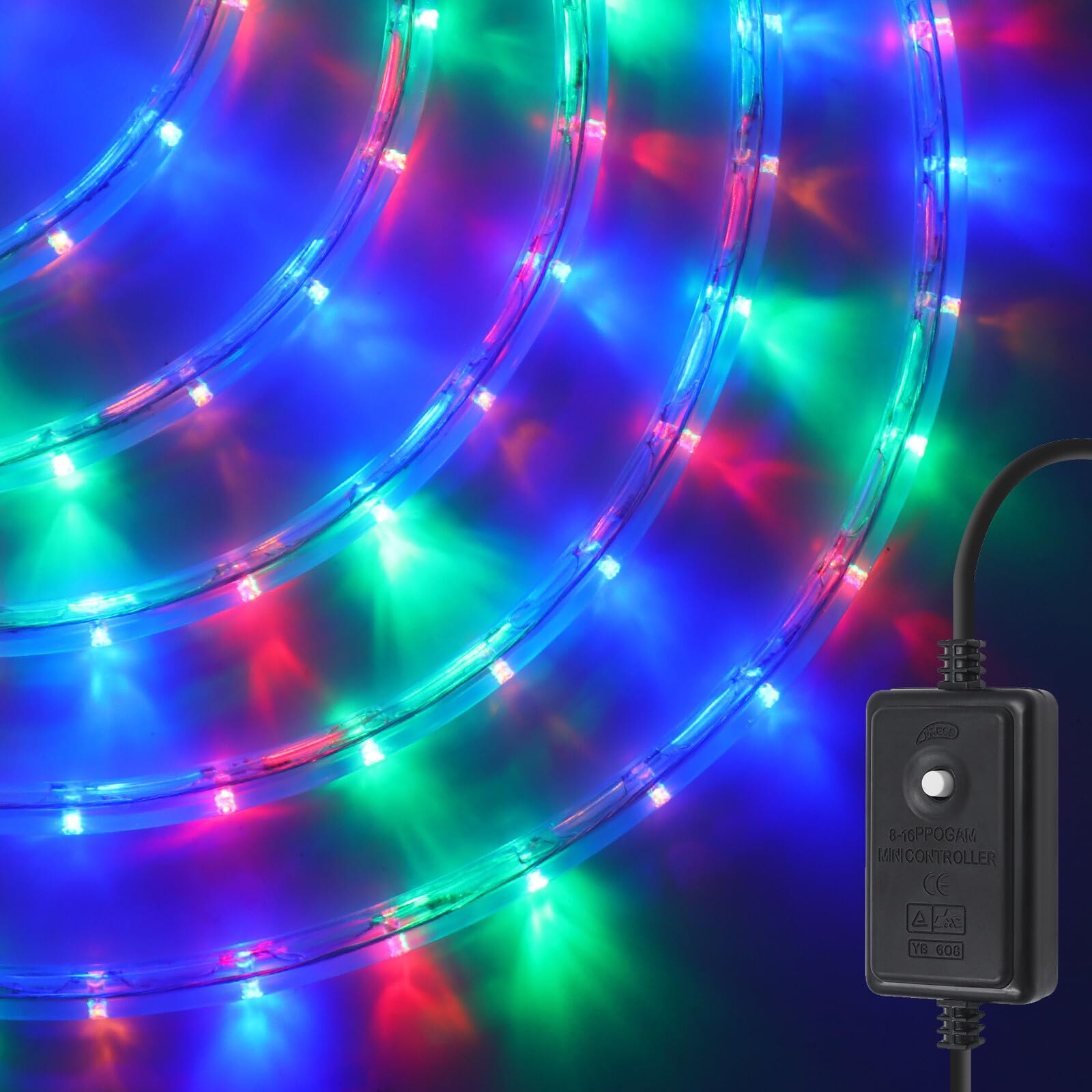 GQL Flexible LED Round Strip Lights with Manual Controller, 220V UK Plug-in, 8 Lighting Modes, IP67 Waterproof Rope Light for Outdoor Garden Wedding Party Decor (14m, Fixed Multi-Color) — image 1