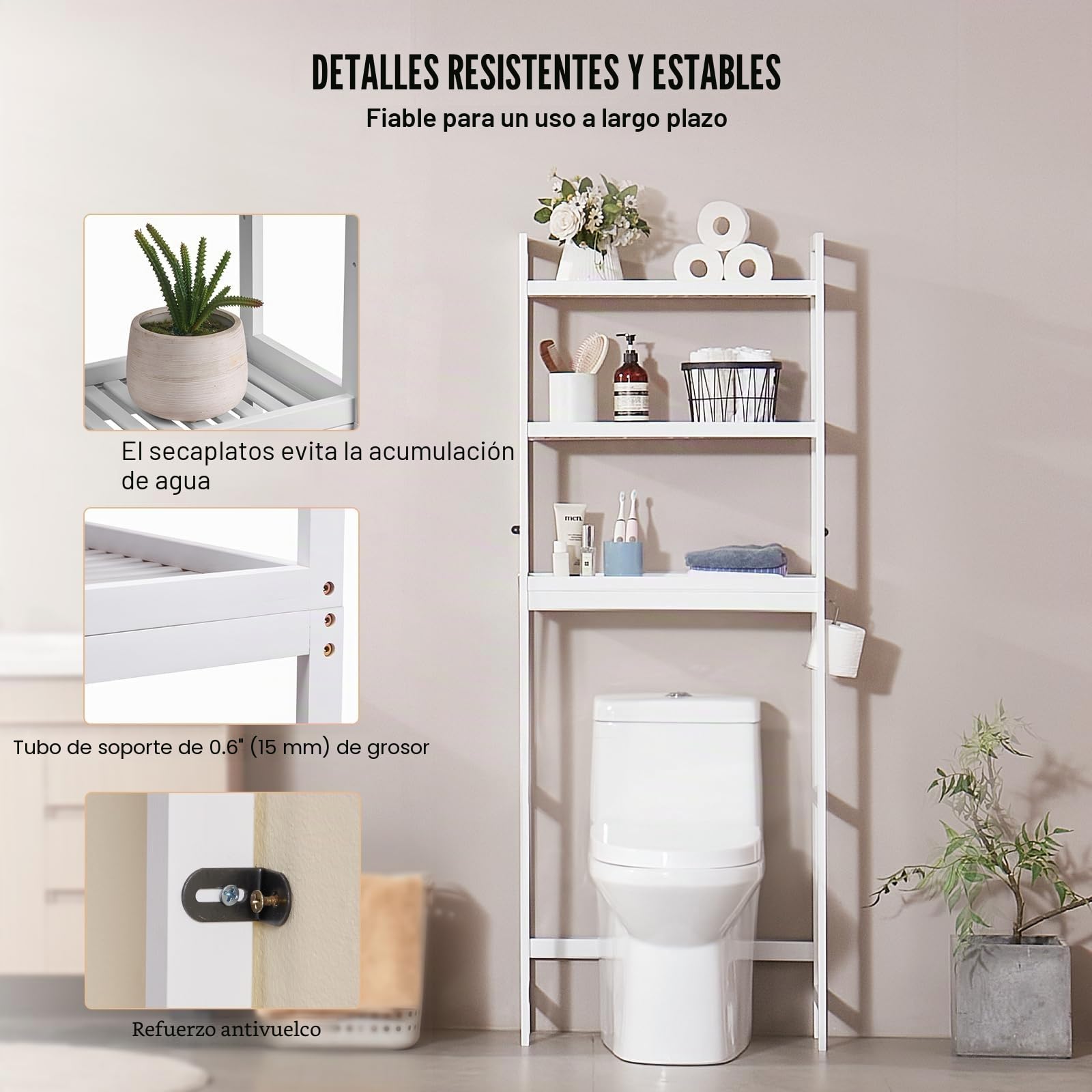 VEVOR Estante para Inodoro Ajustable de 3 Niveles Almacenamiento sobre Inodoro Estantería de Madera para Baño con 3 Ganchos Mueble de Baño Adecuado para la Mayoría de los Inodoros, Lavadero, Blanco