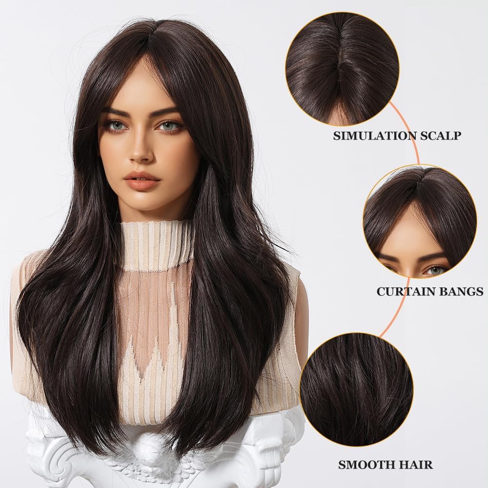 Brown Real Hair Wigs Long Straight with Curtain Bangs Wigs Human Hair Natural Looking for Daily Party Use (Brown,20 inch)