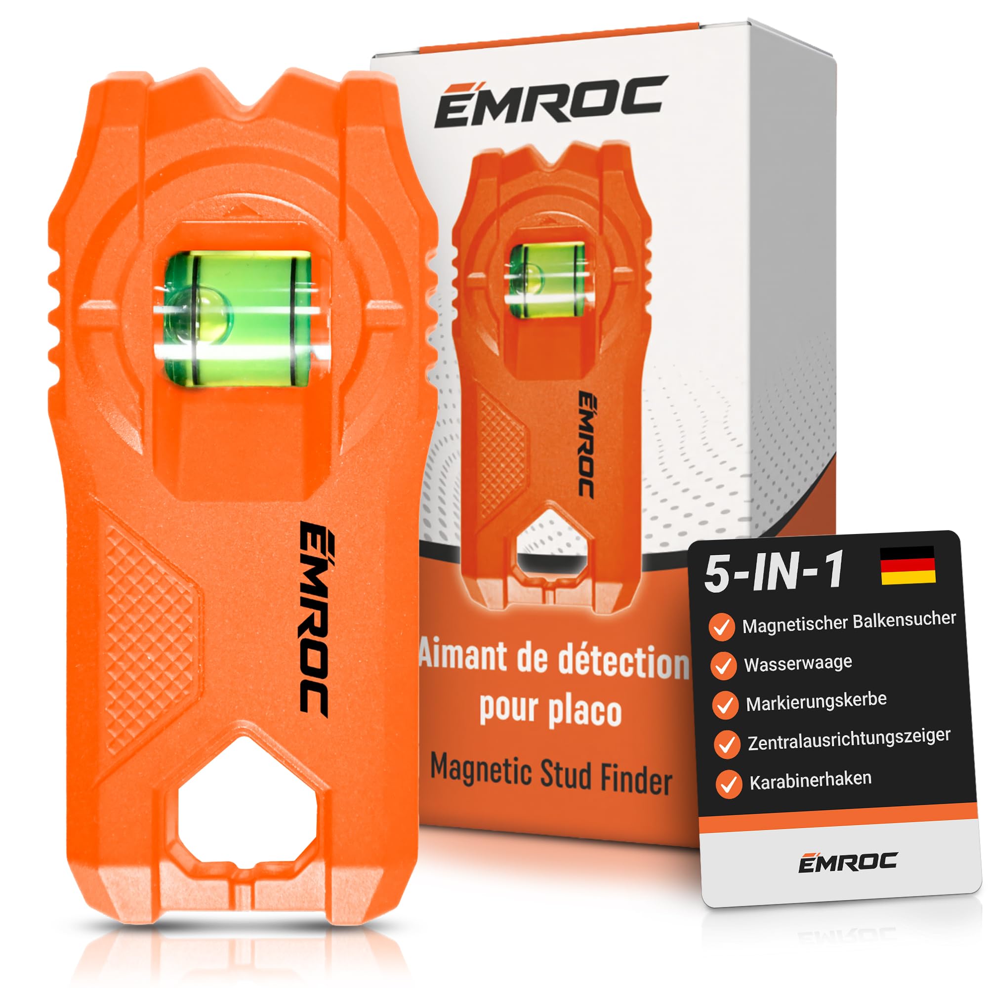 Stud Finder Magnet EMR-M11 - Balkensucher Neodym Trockenbau Rigips | Ohne Batterien | Mit Wasserwaage | Schrauben in Wand finden | Heimwerker & Profis | Französische Marke