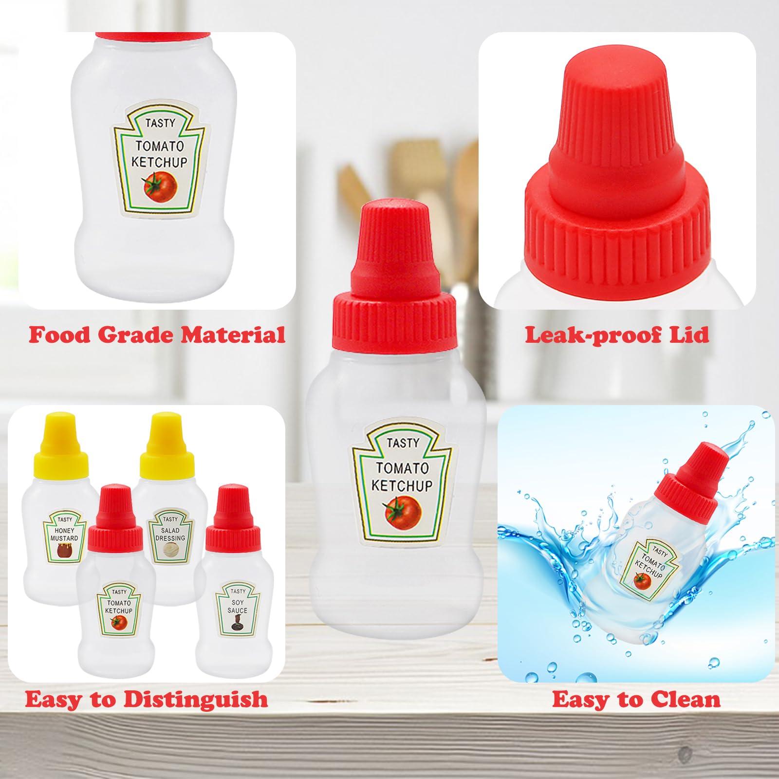 4-Pack Squeeze Salad Dressing Bottles - 1.3oz & 2oz Leak Proof Condiment Containers With Brushes