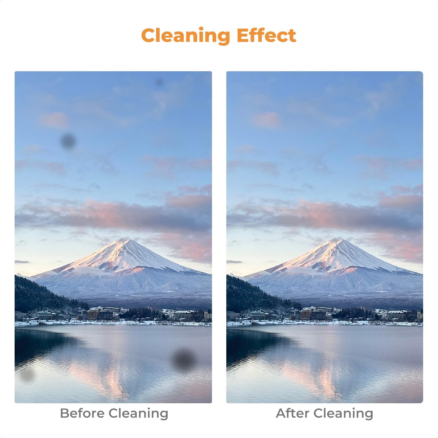 Before and after comparison of a camera sensor image, showing significant reduction in dust spots after cleaning.