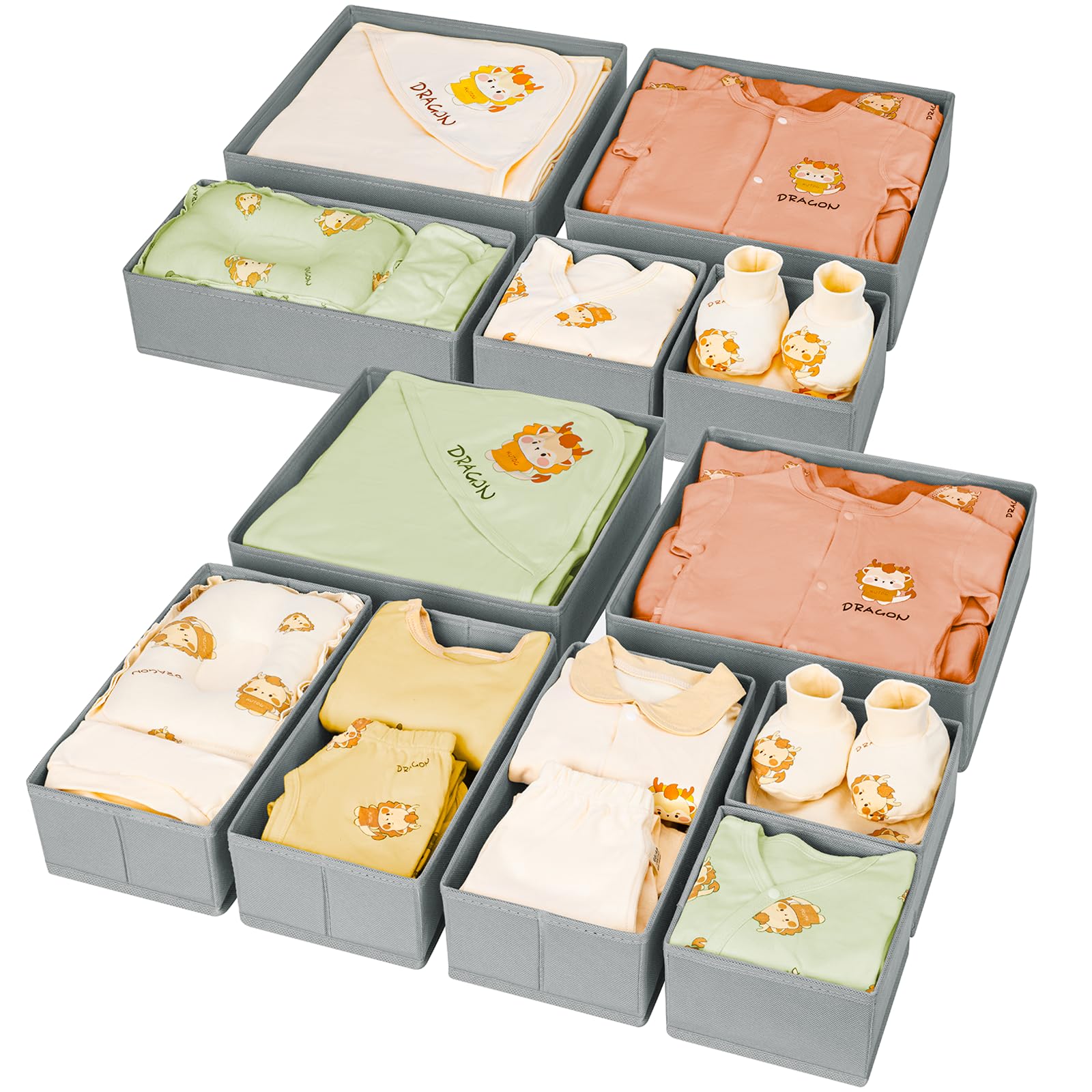 DIMJ Schubladen Ordnungssystem Schubladen Organizer - 12 Stück Aufbewahrungsbox Stoff Faltbare Unterwäsche Kleiderschrank Organizer für Kleidung, Socken, Krawatten, Grau
