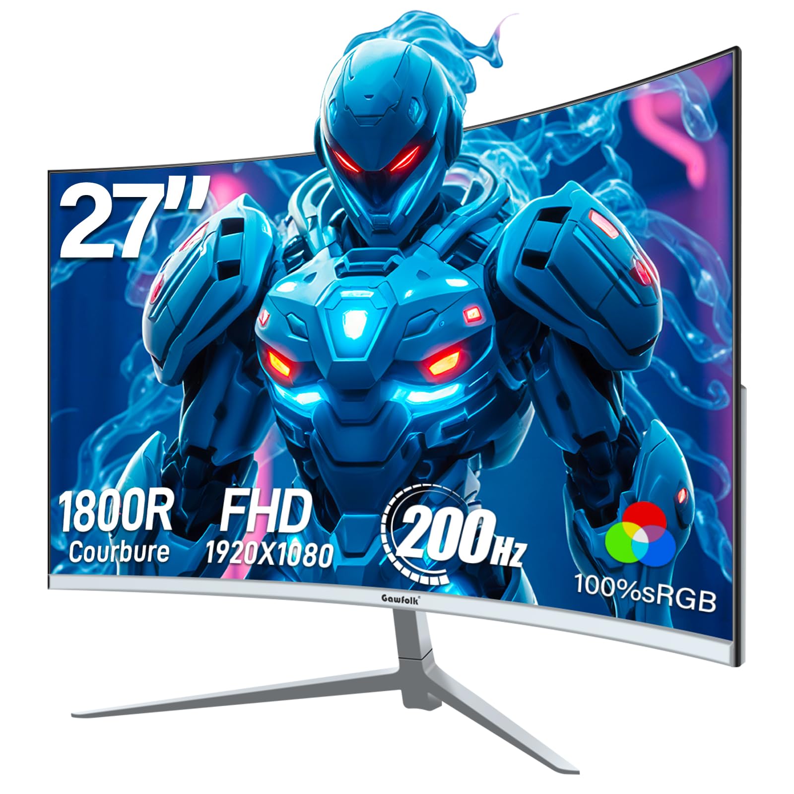 Gawfolk 27 Zoll Curved Gaming Monitor 200Hz, 1800R Full HD PC Bildschirm mit Lautsprecher, 1920x1080p Computermonitors for Home & Office, HDMI, VGA, unterstützt VESA 100 * 100MM