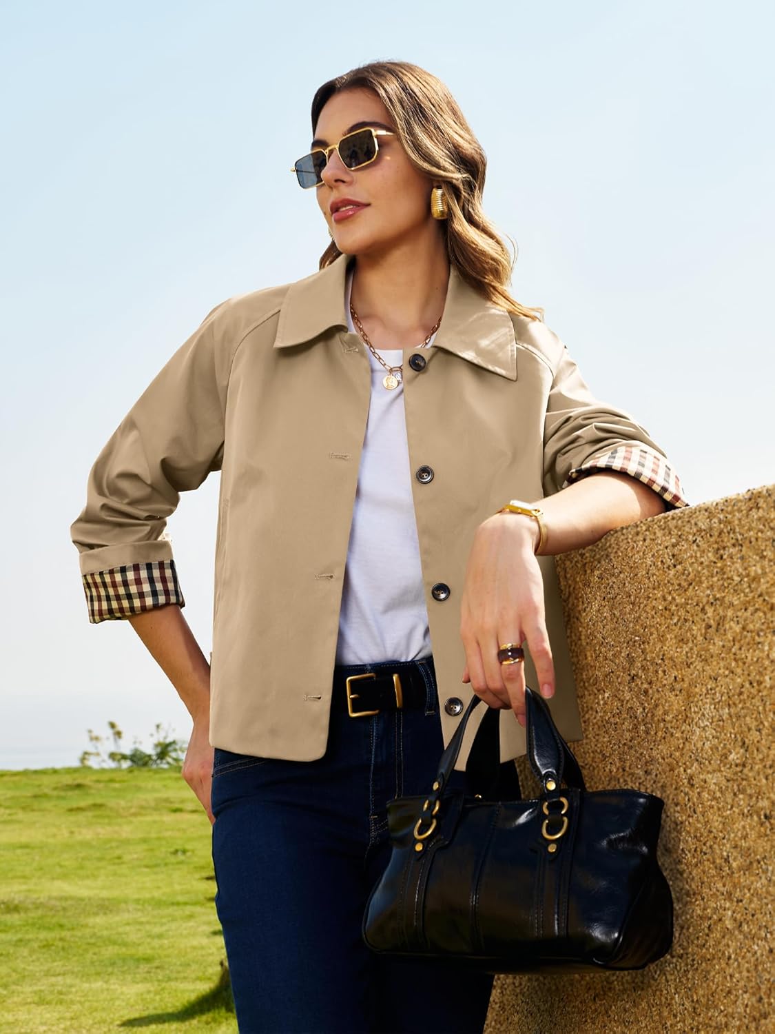 ELLEVEN Womens Oversize Trench Coat, Plaid Lining Single Breasted Fall Crop Jackets with Pockets Fashion Outerwear - Image 3