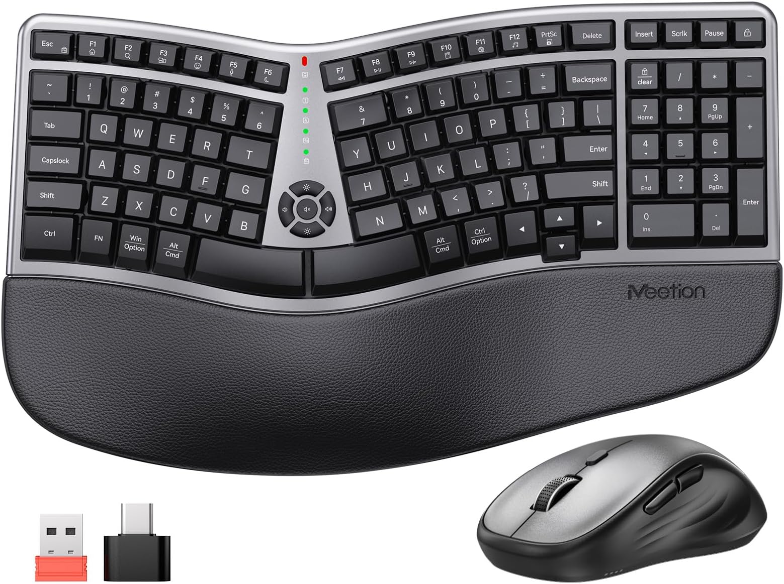 Ergonomic Wireless Keyboard and Mouse Combo, 2.4G Curved Compact Keyboard with Cushioned Palm Rest, 4 Level DPIs Adjustable Wireless Mouse, for Windows/Mac/Desktop/Laptop/PC, Gray Black