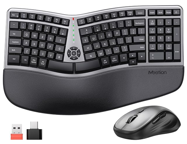 MEETION Ergonomic Wireless Keyboard and Mouse Combo 2 4G Curved Compact Keyboard with Cushioned Palm Rest 4 Level