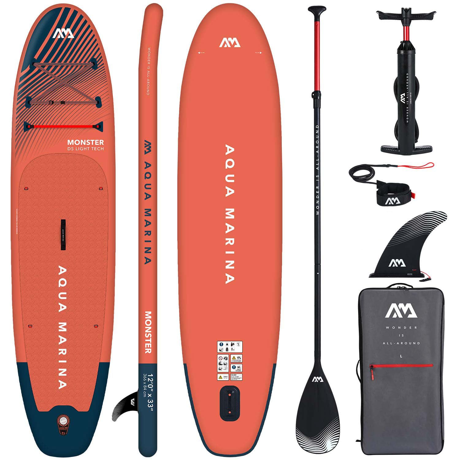 SUP Aqua Marina Monster 366x84x15cm Aufblasbares Stand Up Paddle Board Surfboard für Einsteiger & Fortgeschrittene mit zubehör